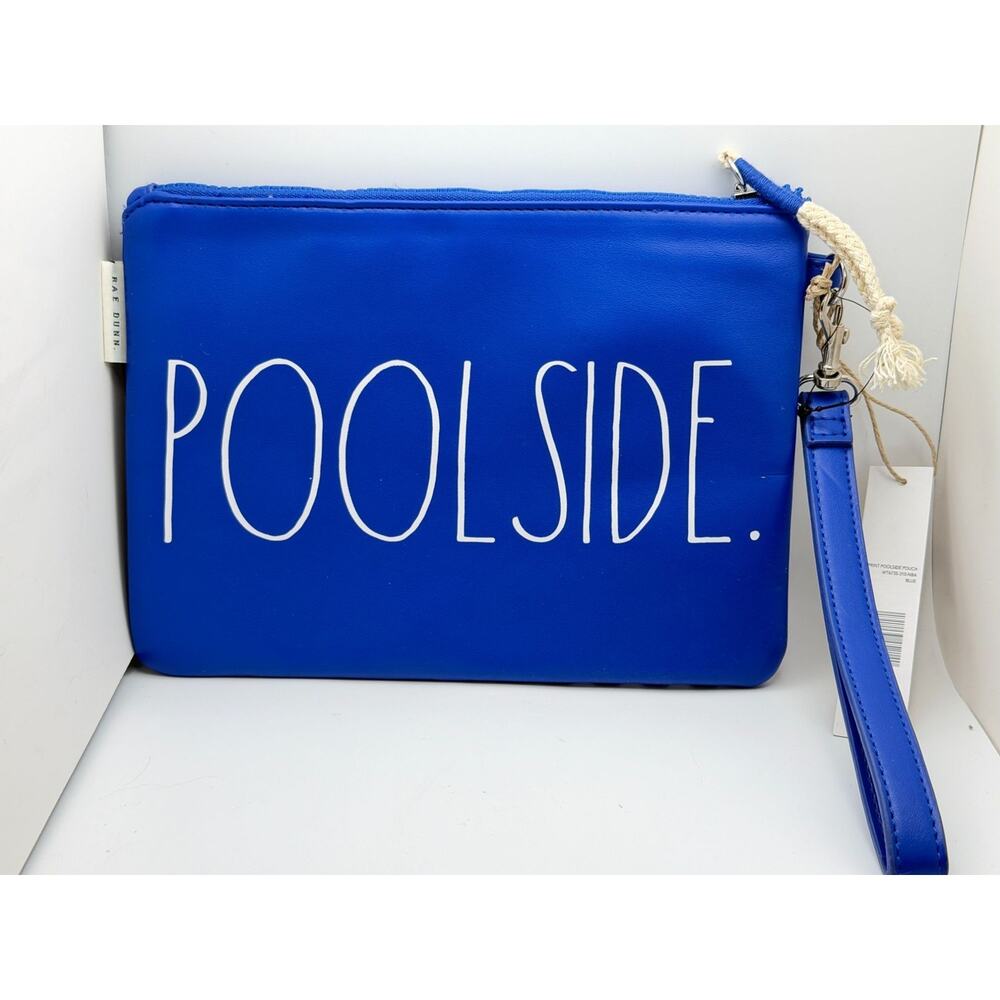 Rae Dunn Poolside Blue Striped Zipper Pouch With Wristlet Strap White Text Canva